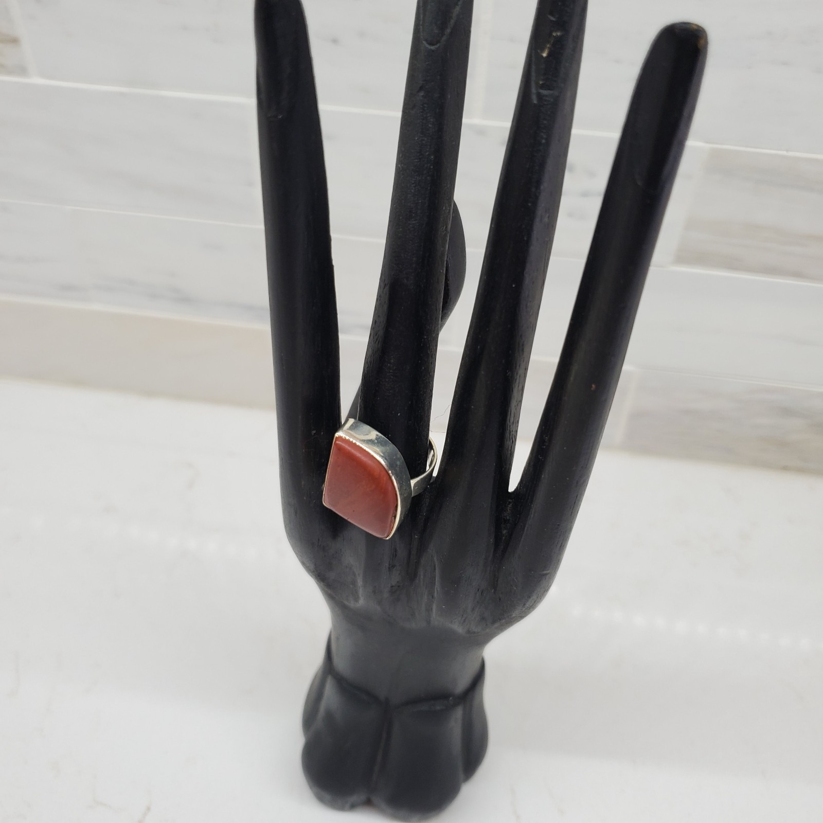 Sterling Silver Red Jasper Chalcedony Shield Ring Size 6.75 Iron Earthy Matte
