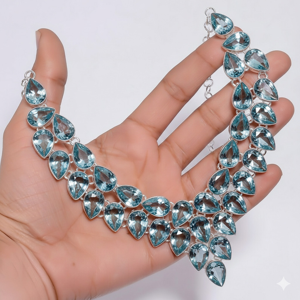 925 Sterling Silver Swiss Blue Topaz Gemstone Handmade Jewelry Necklace Size-18