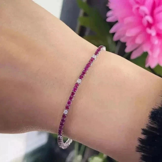 CT Round Lab Created Ruby Diamond Tennis Women’s Bracelet 14K White Gold Plated
