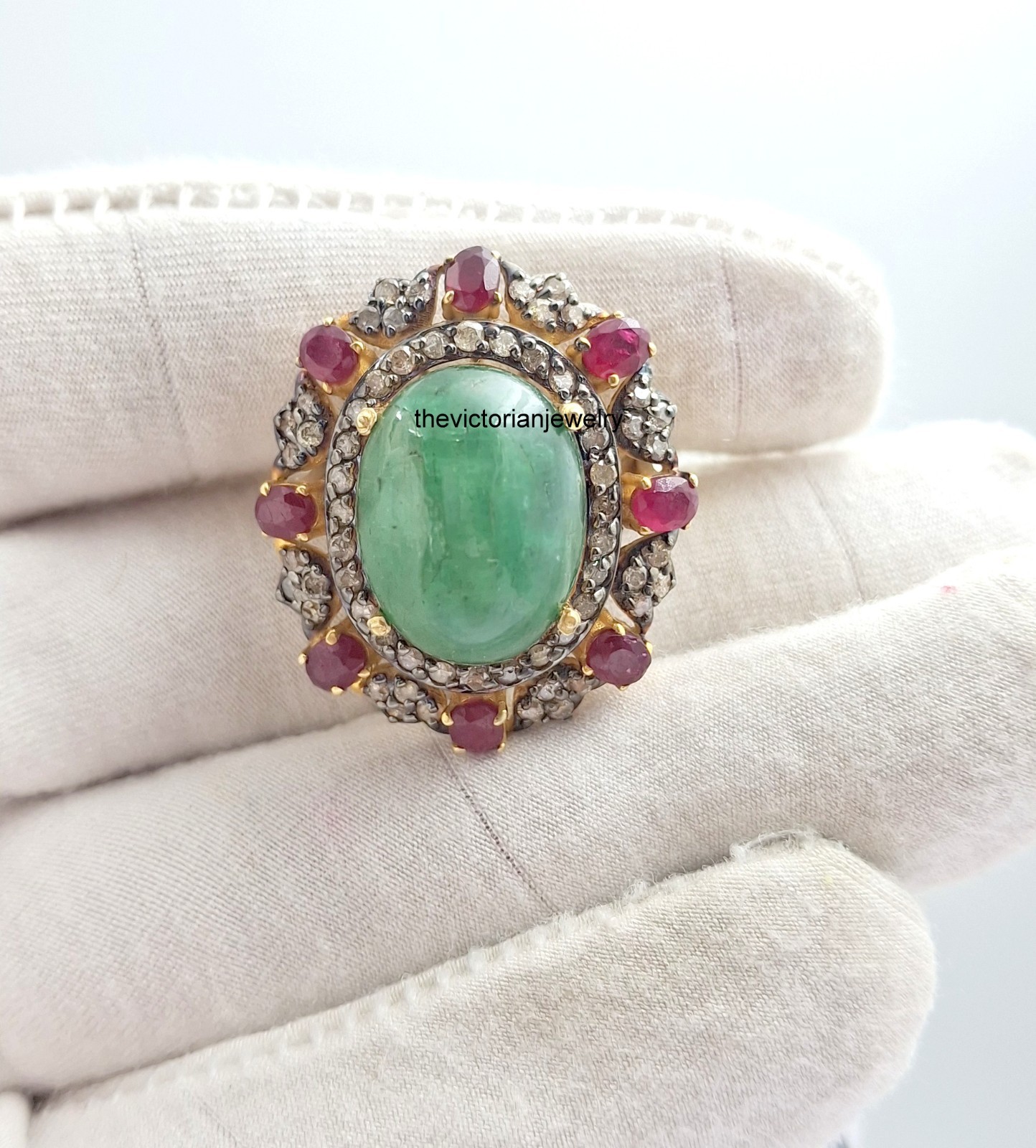 Emerald Ruby Pave Diamond 925 Sterling Silver Antique Ring Gift For All Occasion