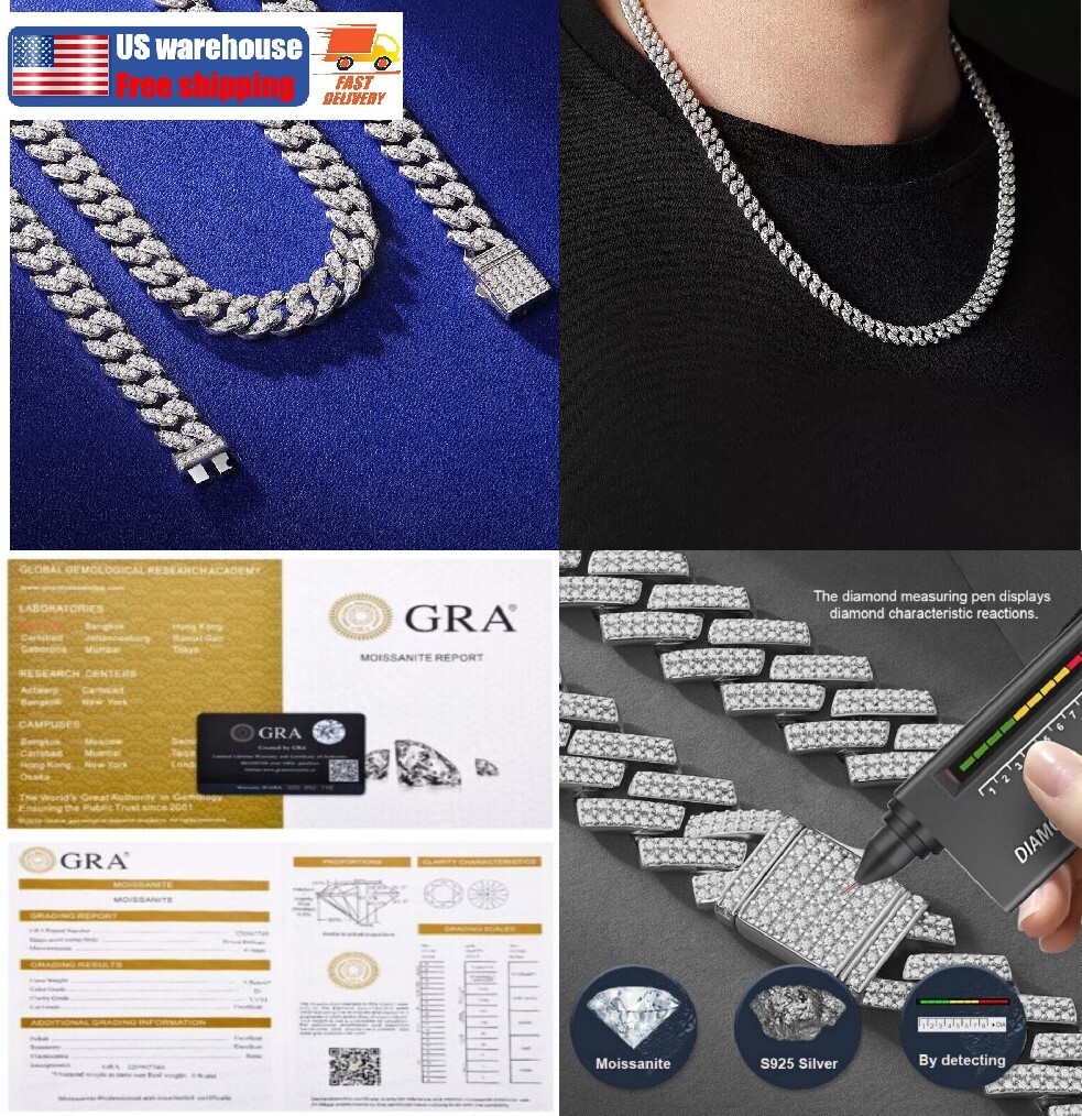 Real Moissanite 8mm Cuban Link Chain Necklace Hip Hop Men S925 Sterling Silver