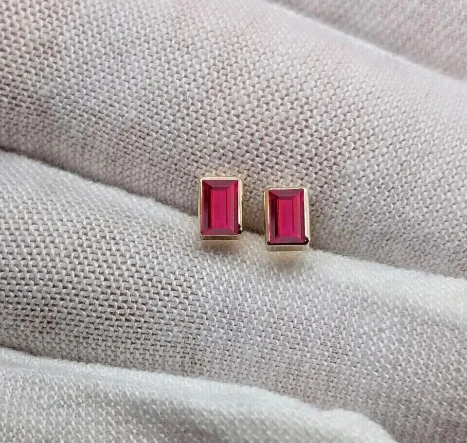 Fancy Stud Earrings 2Ct Emerald Cut Lab Created Red Ruby 14k Yellow Gold Plated