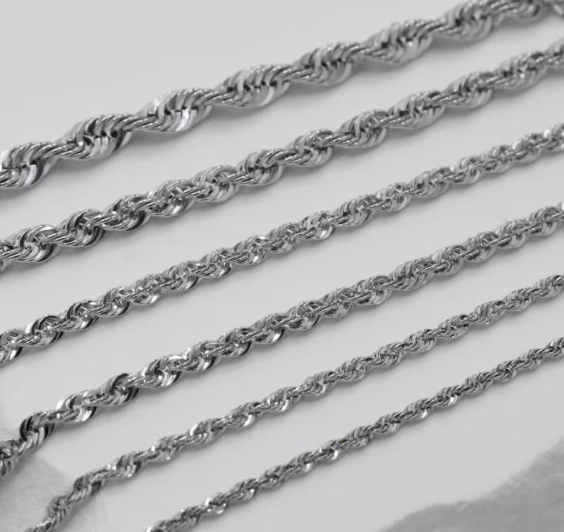 10K White Gold Rope Chain Necklace Diamond Cut Real Gold 2mm-5mm 16-28in Unisex