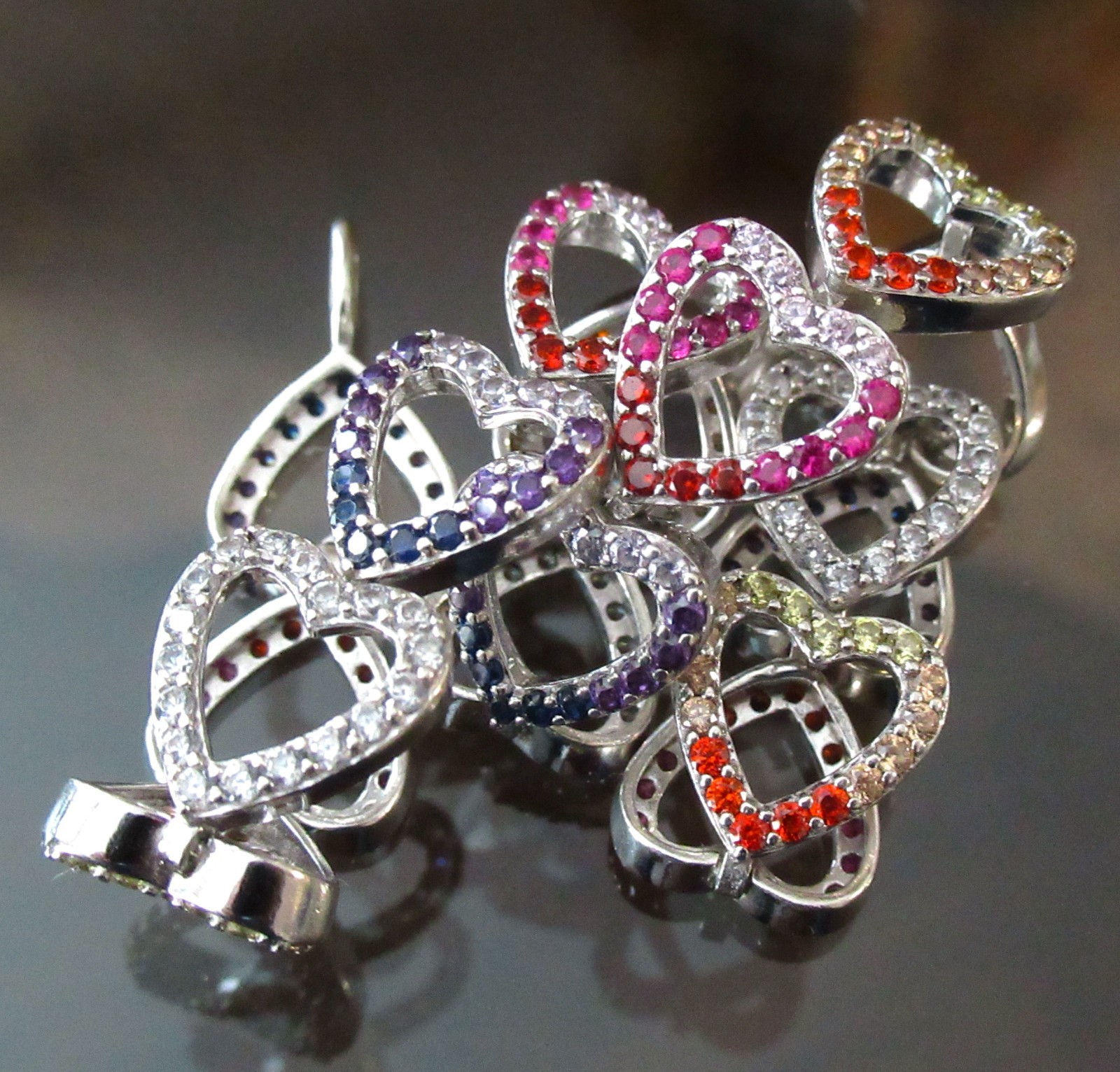 PAJ Sterling Silver 925 MultiColor Rhinestone Heart Link Bracelet Crystal Love