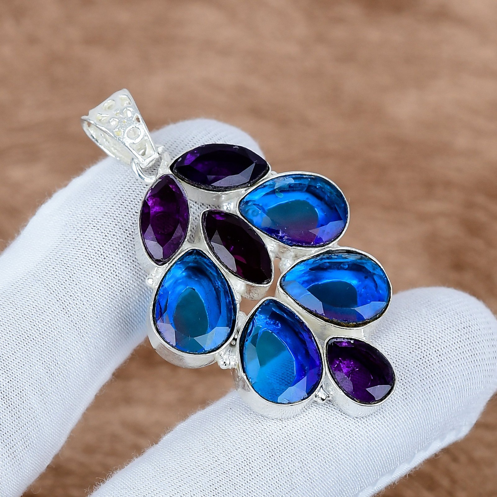 Bi Color Tourmaline Amethyst Pendant 925 Sterling Silver Handmade Gift Her