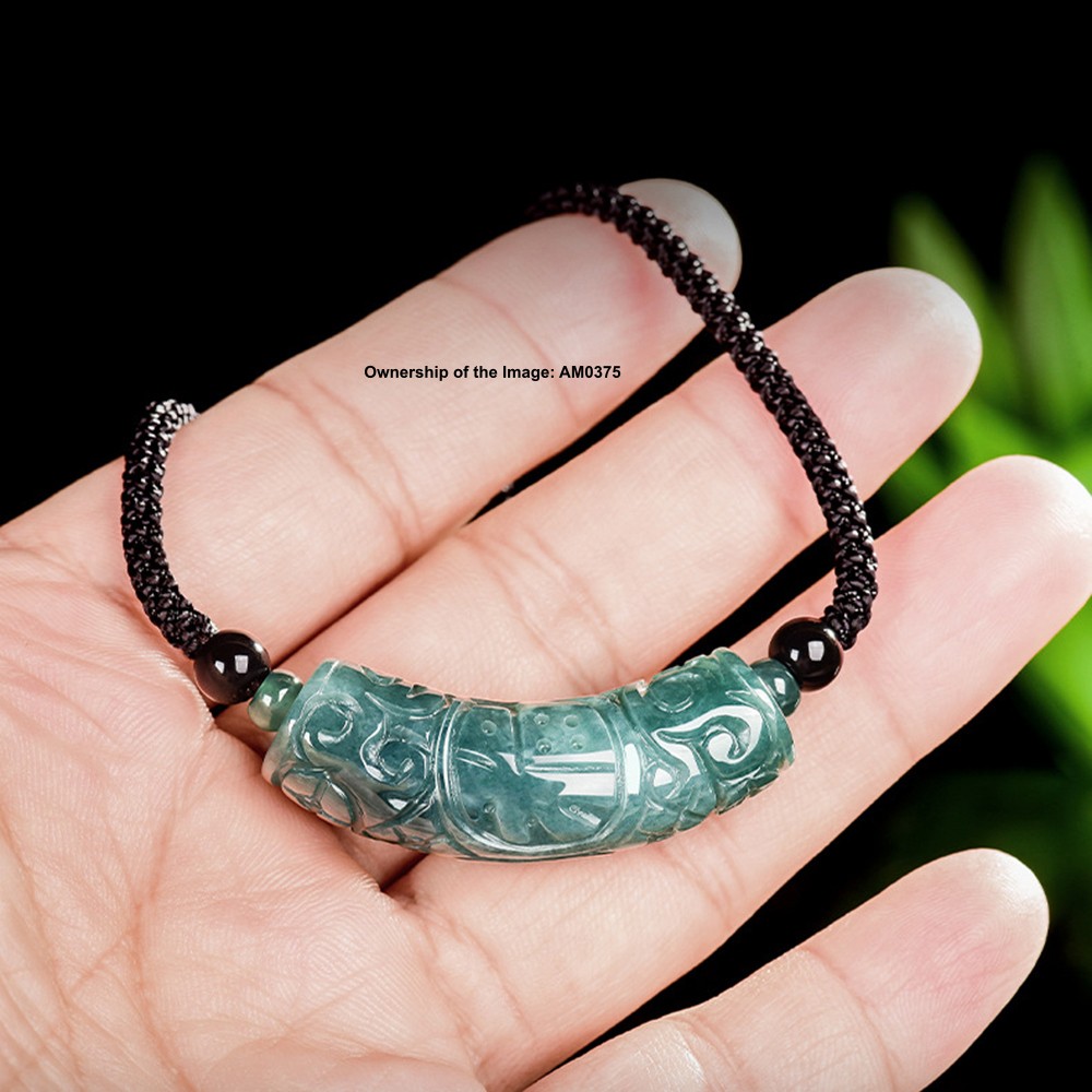 New Natural Grade A Jade Blue Green Jadeite 福 Tube Pendant Necklace