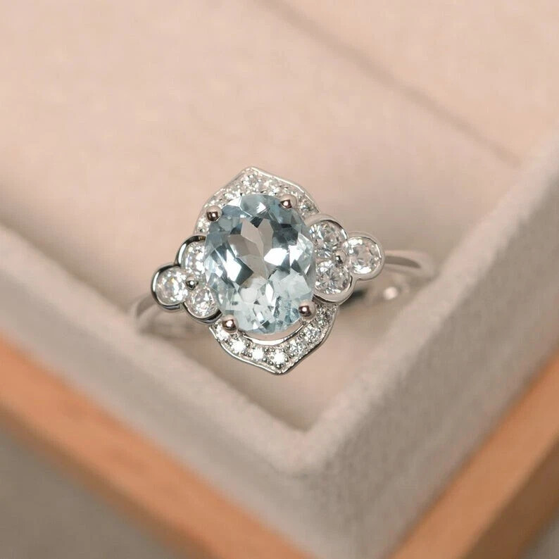 2.03 Ct Oval Cut Natural Aquamarine Diamond Anniversary Ring 14K White Gold
