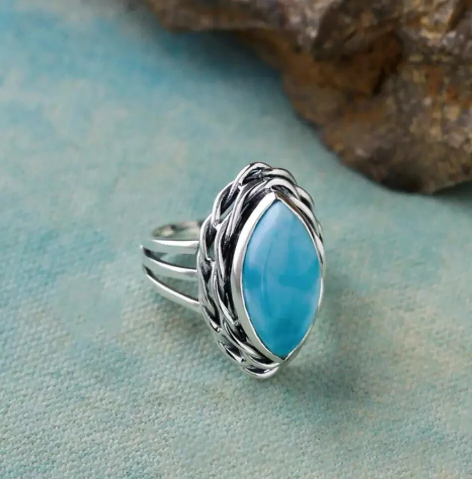 Natural Larimar Gemstone Ring Solid 925 Sterling Silver Handmade Pretty Ring MK*