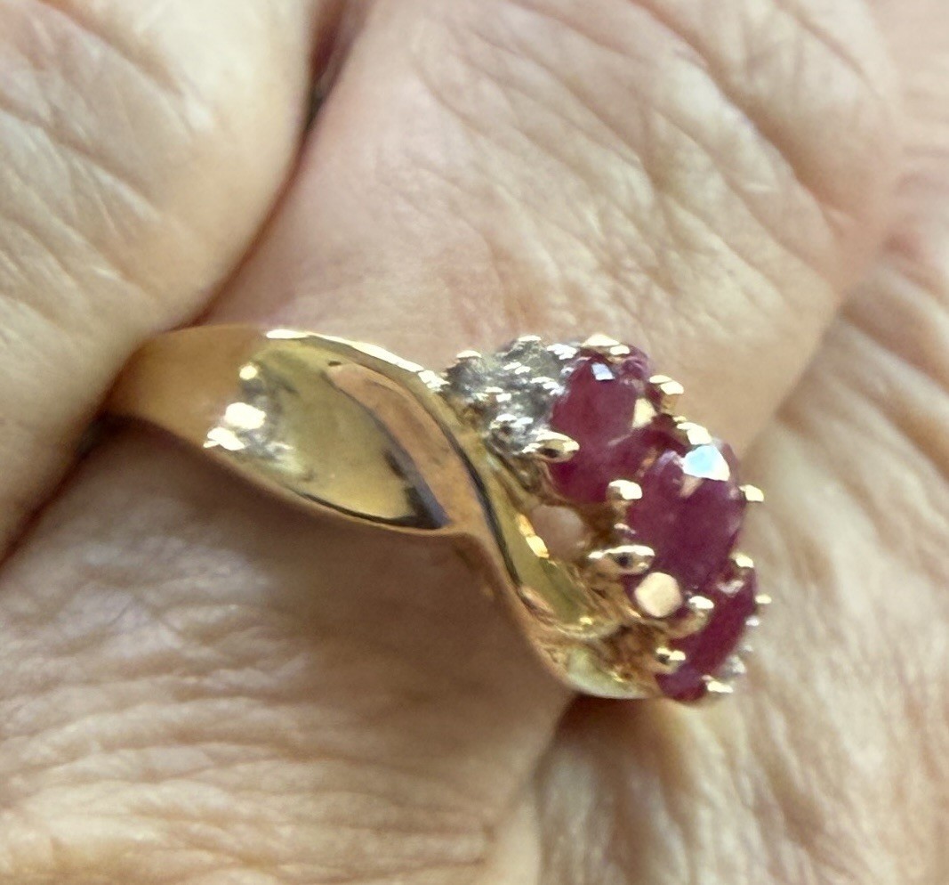 14k Yellow Gold Three Oval Ruby And Diamond Ring