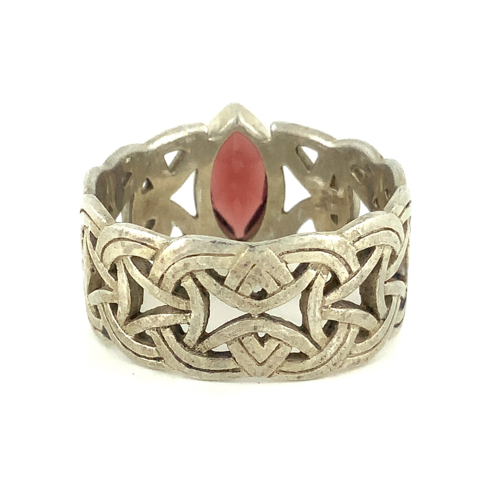 Peter Stone Co. Vintage Garnet, Sterling Silver Borre Knot Viking Ring Sz. 11