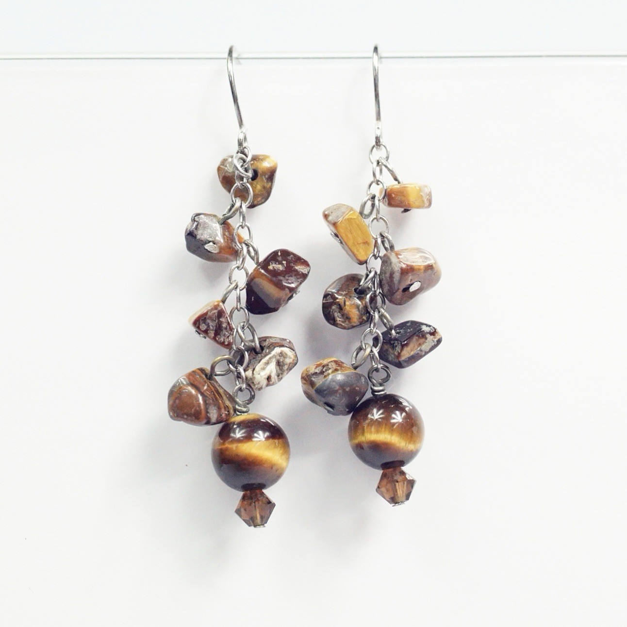 Sterling Silver Hook Drop Dangle Polished Tiger’s Eye Round Bead Chip Earrings