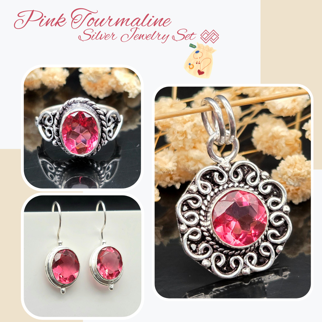 Pink Tourmaline 925 Sterling Silver Jewelry Combo Set Earrings Pendant Ring Gift
