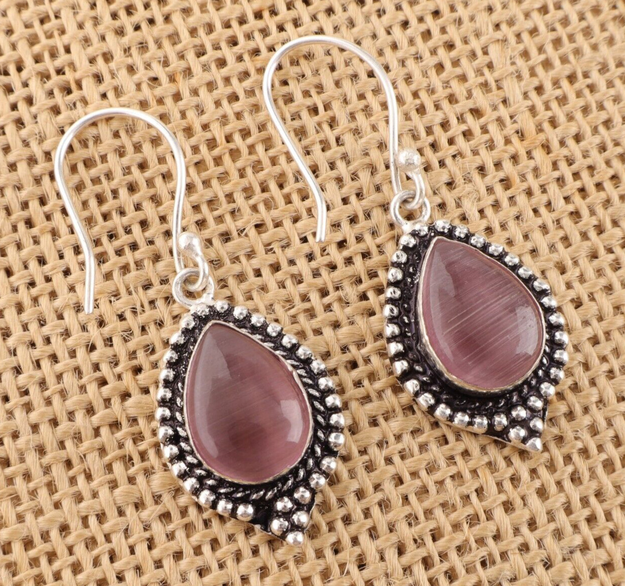 925 Sterling Silver Jewelry Purple Cat’s Eye Gemstone Drop/Dangle Earrings BW