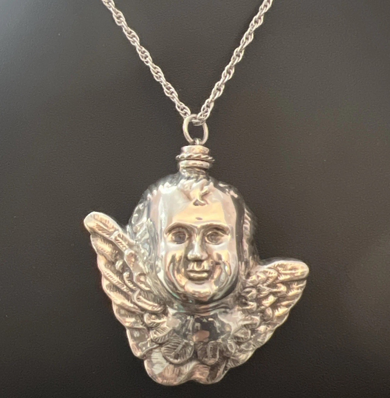 Vtg Haunted Cherub Sterling Perfume Poison Stash Bottle LARGE Pendant Necklace