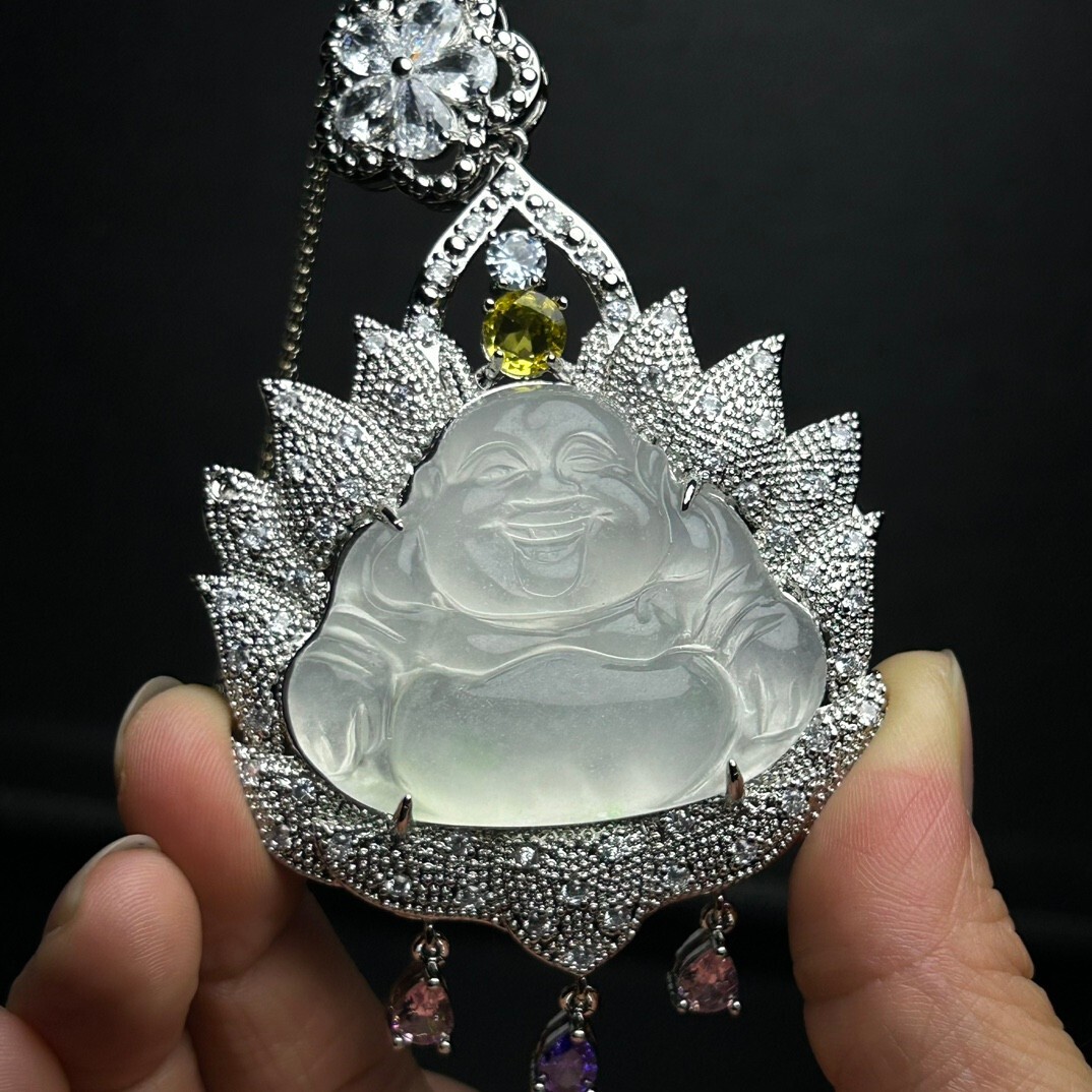Natural Ice White Jade Jadeite inlay Buddha Pendant&Necklaces 佛公