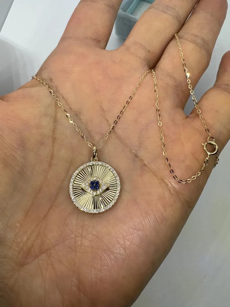 2Ct Round Cut Lab Created Blue Sapphire Evil Eye Pendant 14K Yellow Gold Plated