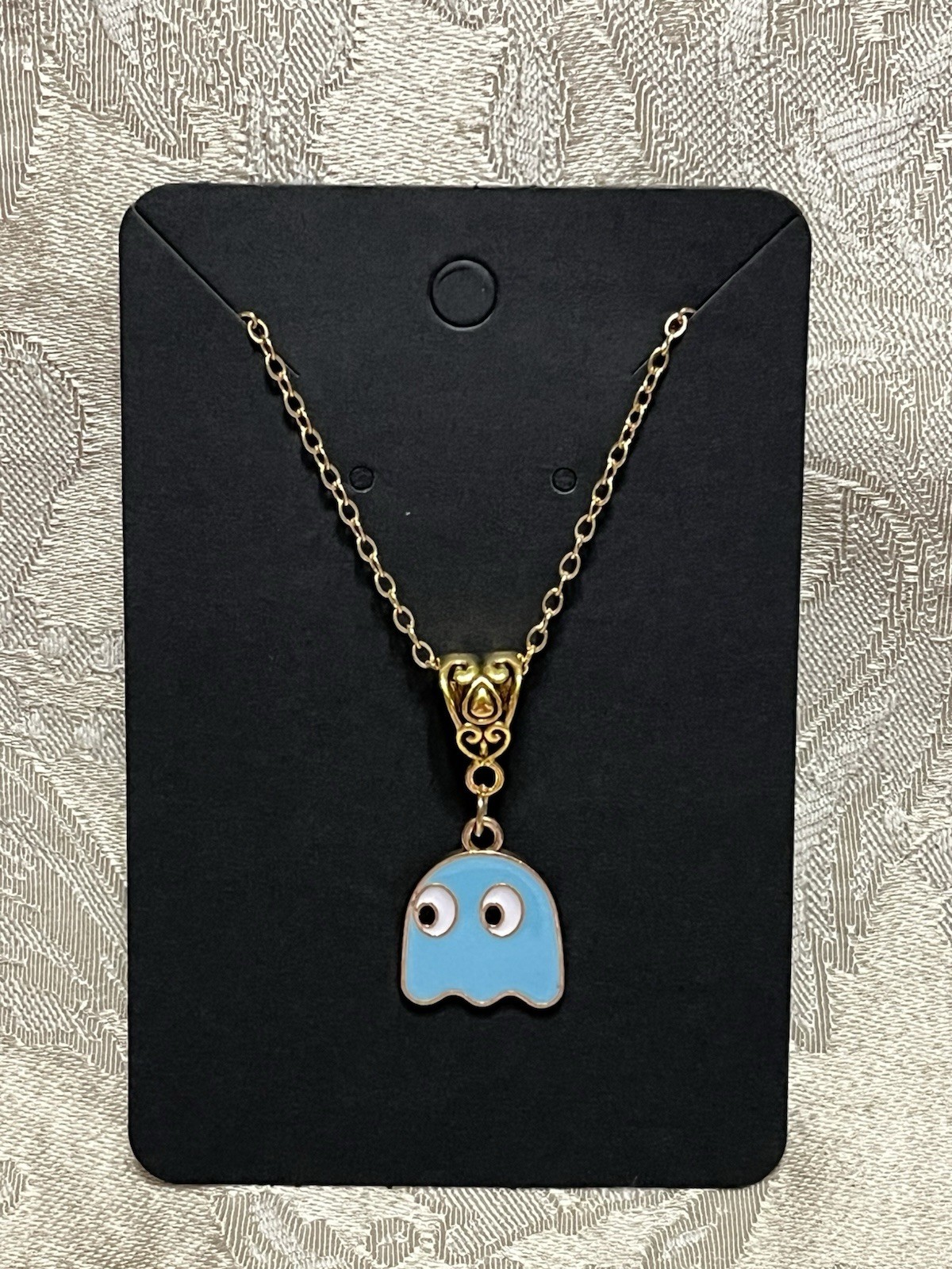 PAC Man INKY BLUE GHOST Gold Chain Fashion Cartoon Video Novelty 18” Necklace