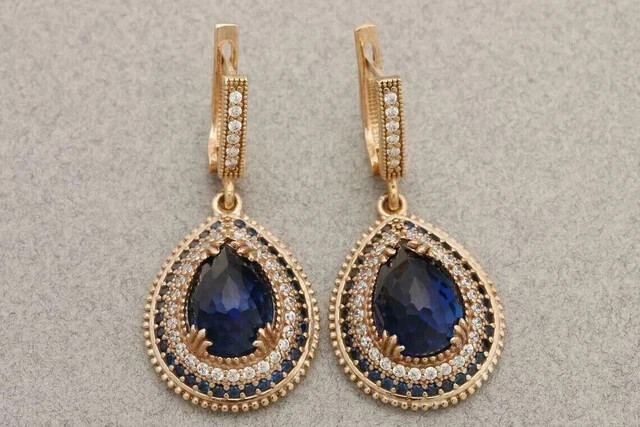 3 Ct Pear Lab Created Blue Sapphire Drop Dangle Earrings 14K Yellow Gold Plated