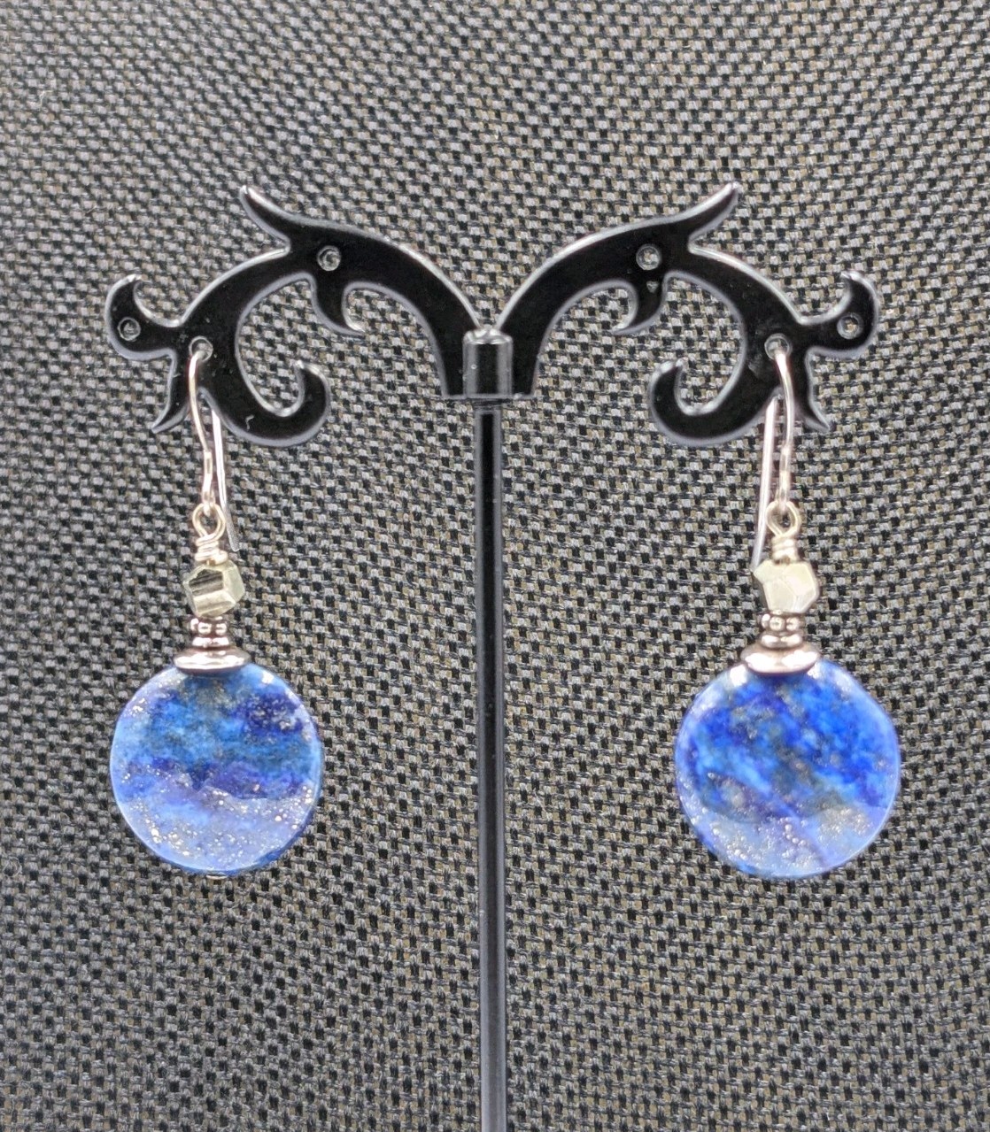 Sterling Silver Lapis Lazuli Coin & Pyrite Faceted Bead Hook Dangle 925 Earrings
