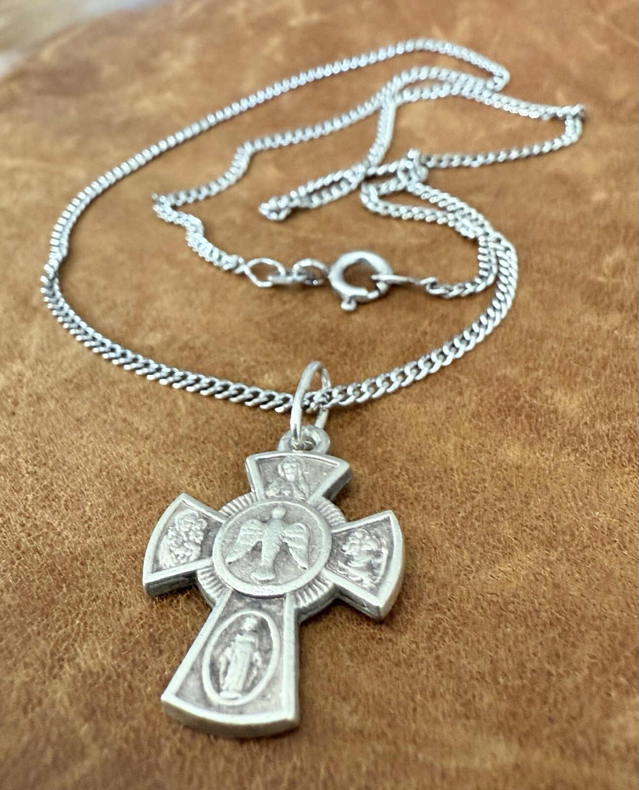Vtg First Communist Cross, St Silver Four Way Cross With 8 Saints Necklace 17”in