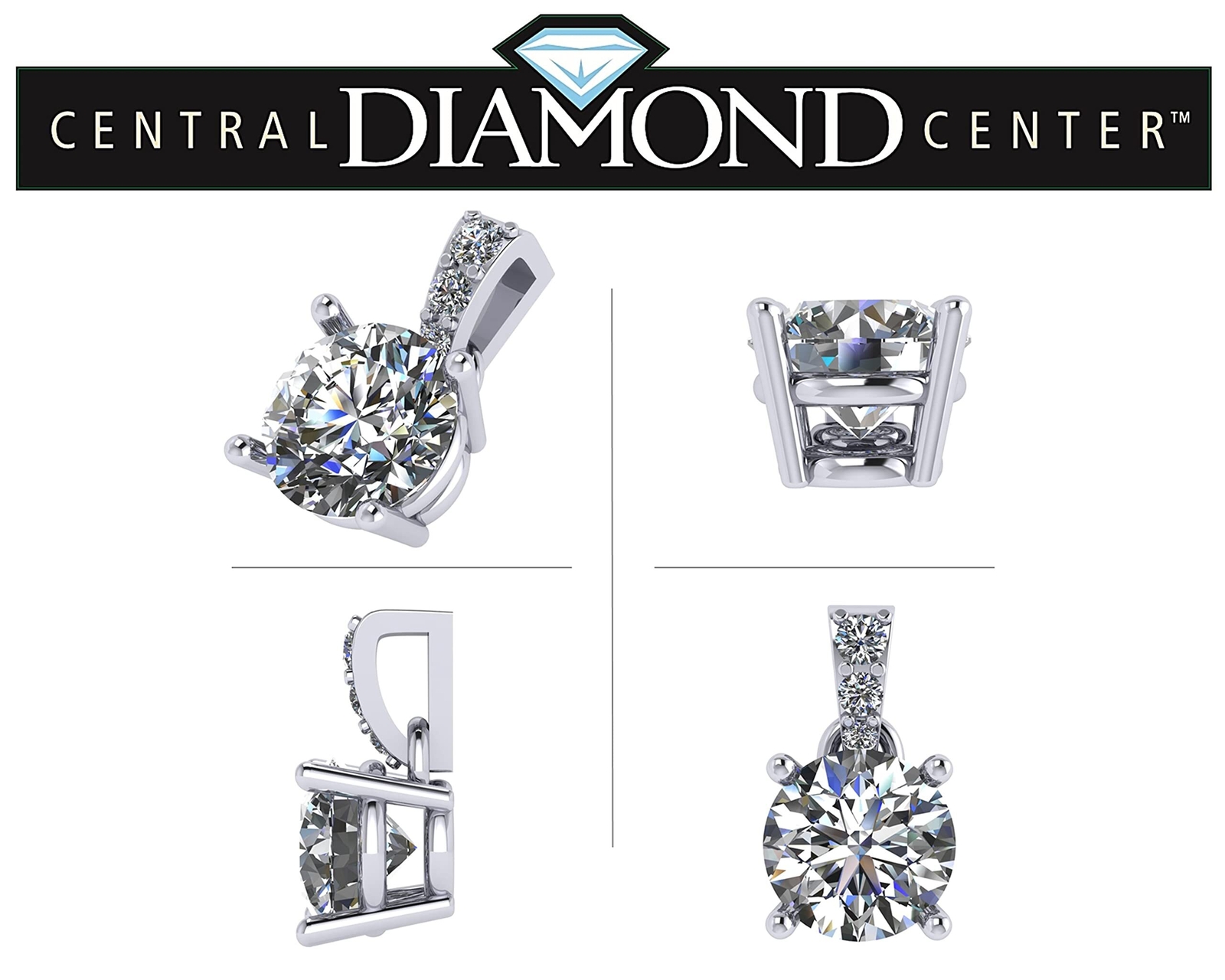 Platinum Plated 925 Sterling Silver 4-Prong Round Pendant Necklace With 4 TCW CZ
