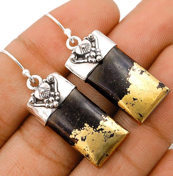 Natural Golden Pyrite In Magnetite 925 Sterling Silver Earrings Jewelry @B15-4