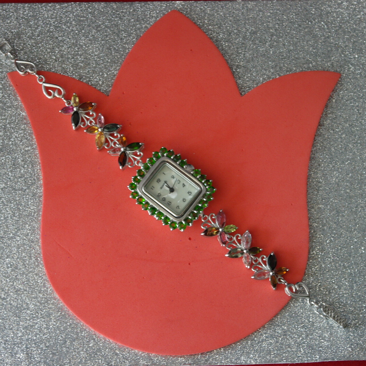 Wristwatch 925 Sterling Silver With Chrome Diopside & Tourmaline Gem 7″ In Long