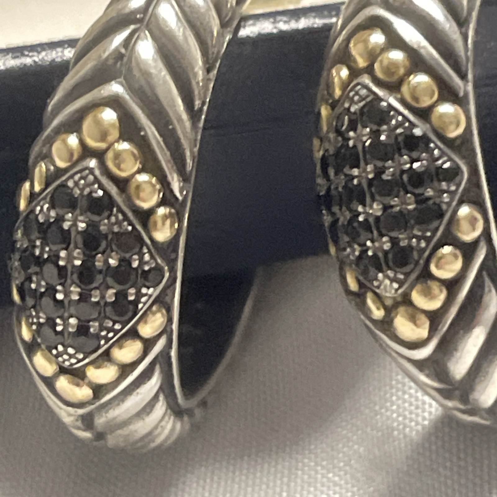 Sterling Silver Earrings Bali RoMans & 18K Gold Black Zircon Pave Hoop HLN