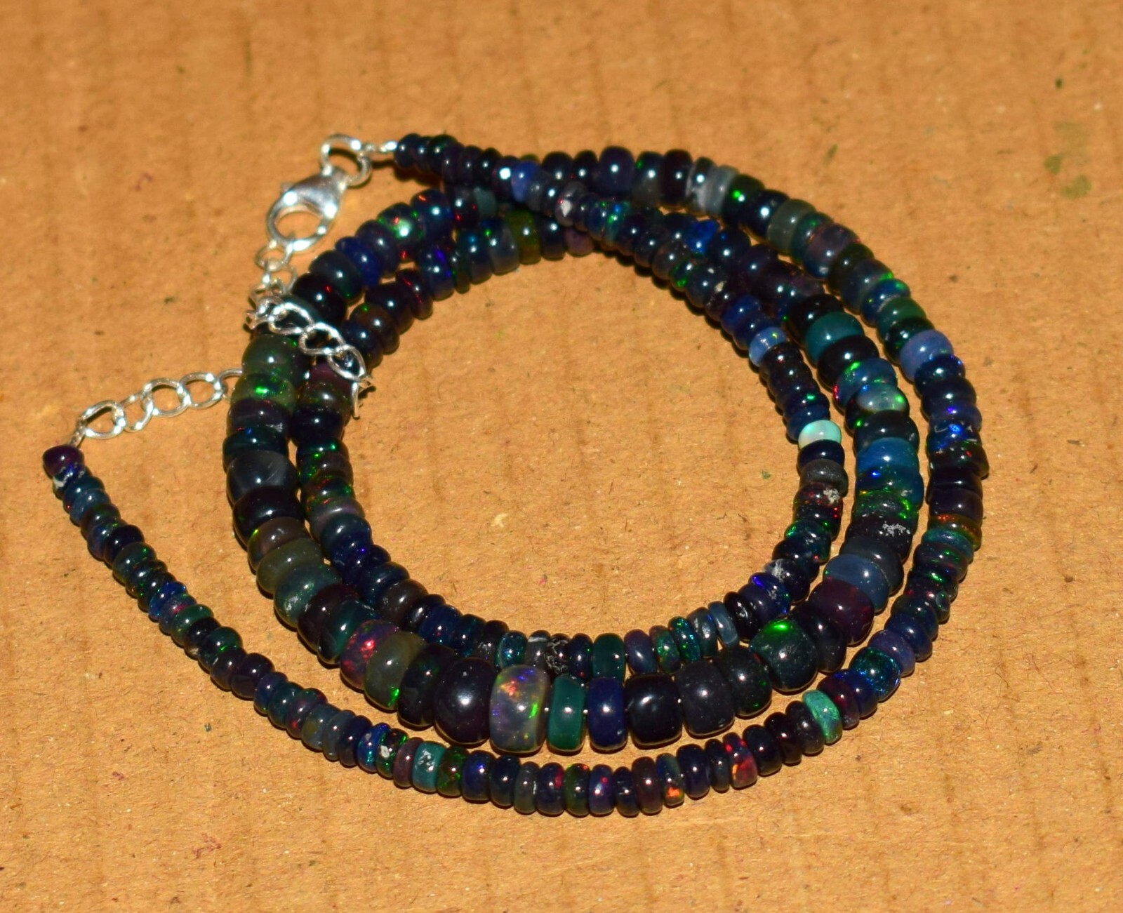 925Silver Necklace 16″Natural Ethiopian Black Opal Gemstone Beads Necklace F1650