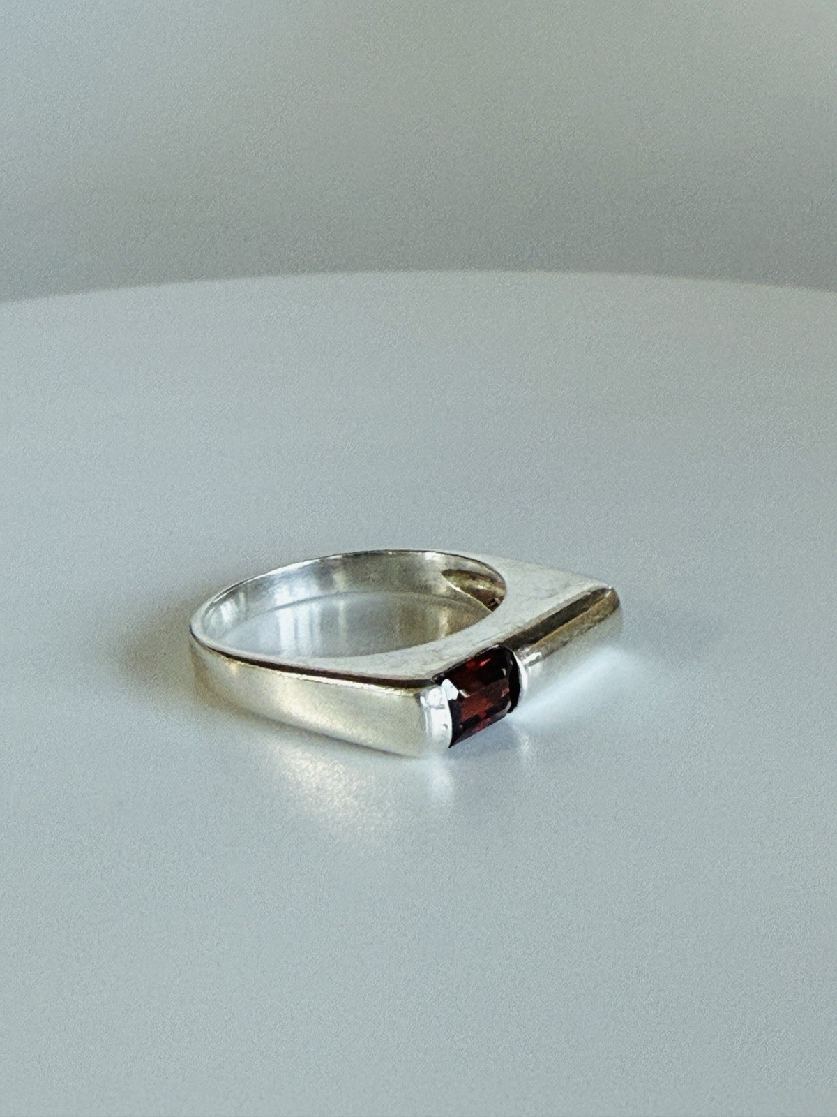 Modern Garnet Asymmetrical Stacking Ring Minimalist Sterling Silver Size 6.5