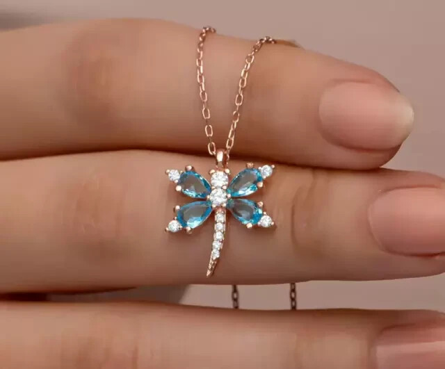 3.50Ct Lab-Created Blue Topaz Dragonfly Chain Pendant 14k Rose Gold Plated 18″