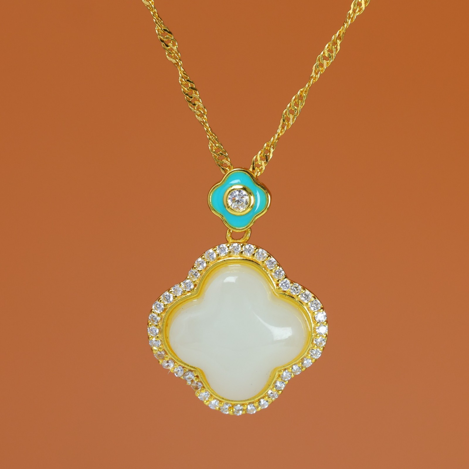 S925 Silver White Jade Clover Pendant With Blue Enamel And Gift Box