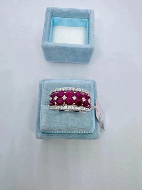 3.00Ct Oval Cut Lab Created Ruby Cluster Band Ring 14K White Gold Plated Silver