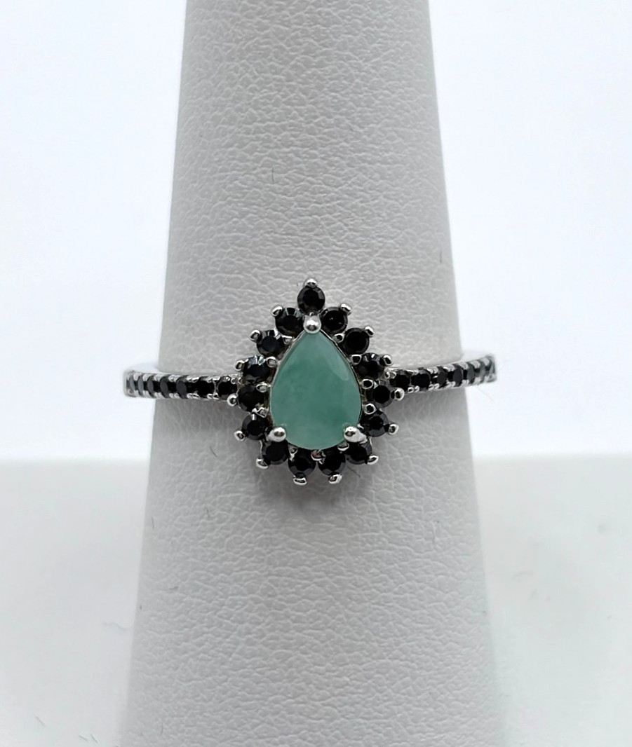 NWT EMERALD (7X5MM), BLACK SPINEL RING SIZE 8 IN 925 STERLING SILVER