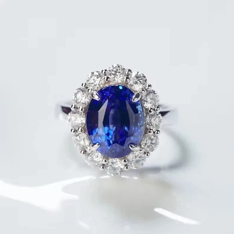 5.20Ct Oval Cut Natural Blue Sapphire &Diamond Solid 14K White Gold Wedding Ring