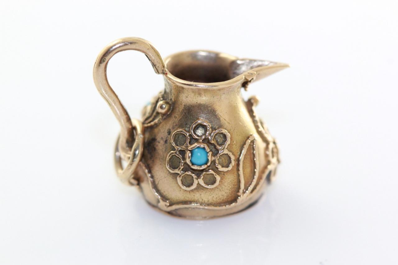 VINTAGE 14K GOLD 3D PITCHER VASE JUR CHARM PENDANT turquoise flower