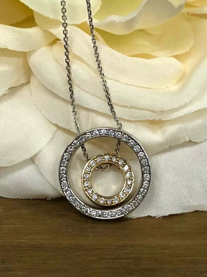 1/4 CT Round Moissanite Two Circle Pendant Necklaces 14K Two Tone Gold Plated