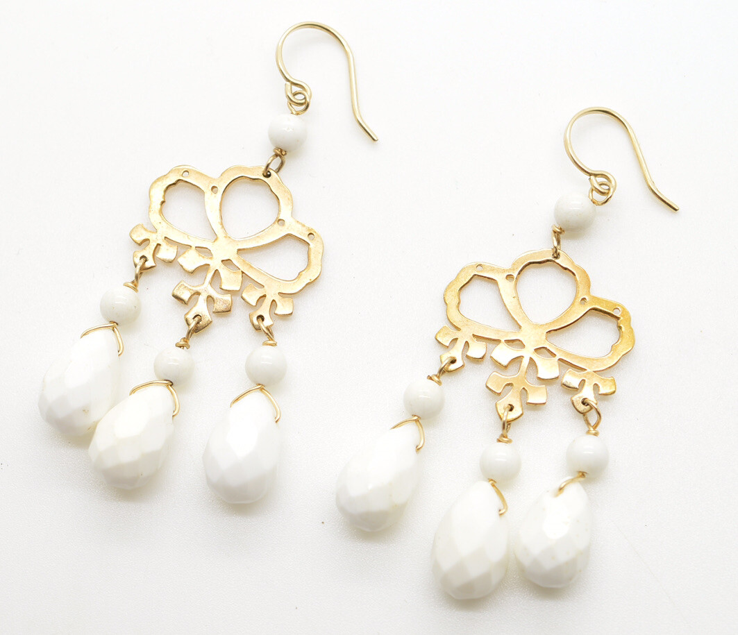 Gold Filled over Sterling Silver Faceted White Bead Dangle French Hook Pierced