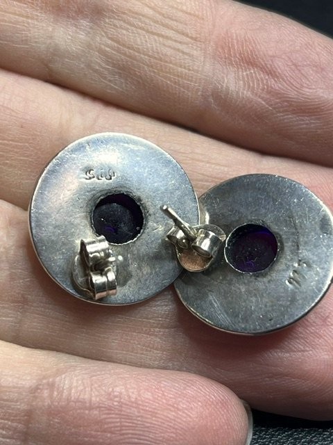 B5041 Sterling Silver Amethyst Cabochon Stud Earrings Round Disc 7.5g 22mm