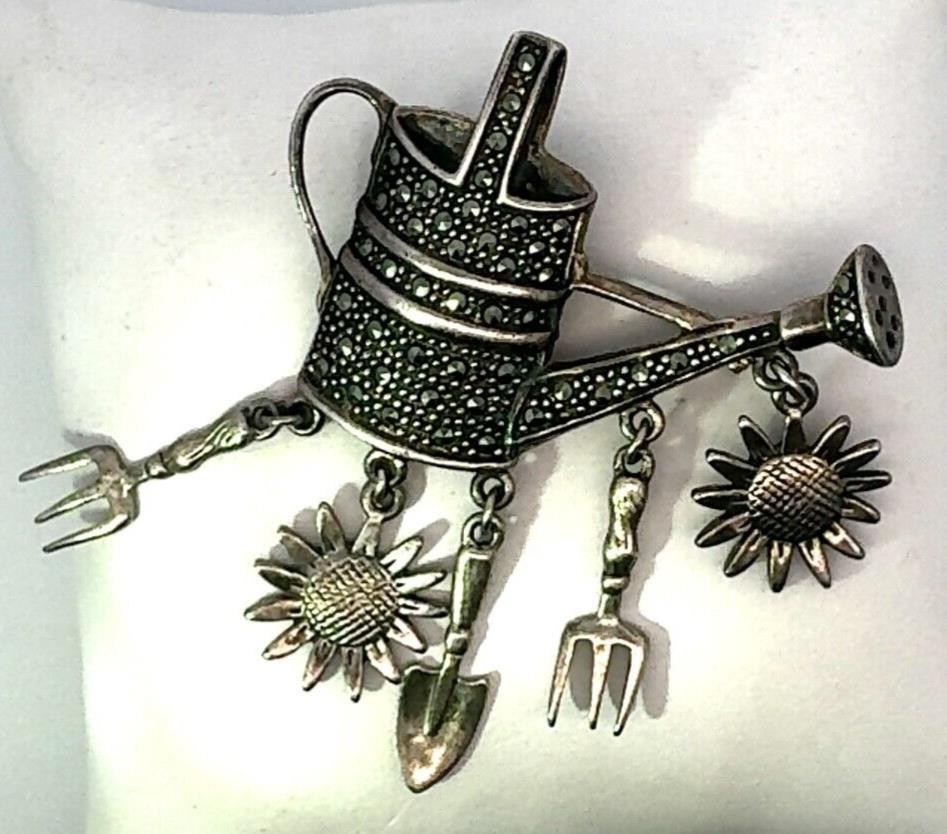 Sterling Silver w/ Marcasite, Water Can and Garden Tools Brooch/Pin – 18.1g