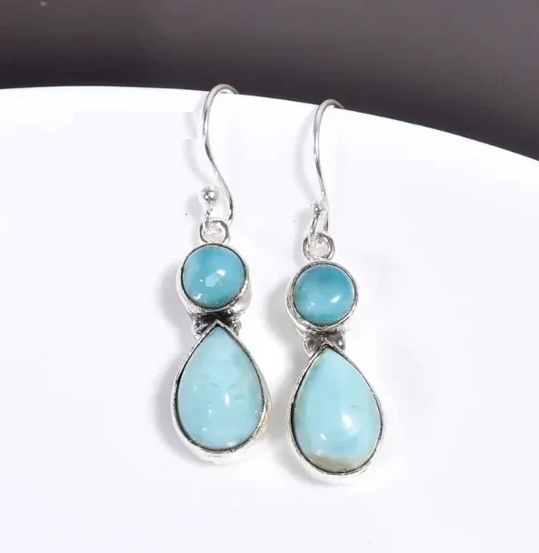 925 Sterling Silver Larimar Gemstone Earring Handmade Jewelry