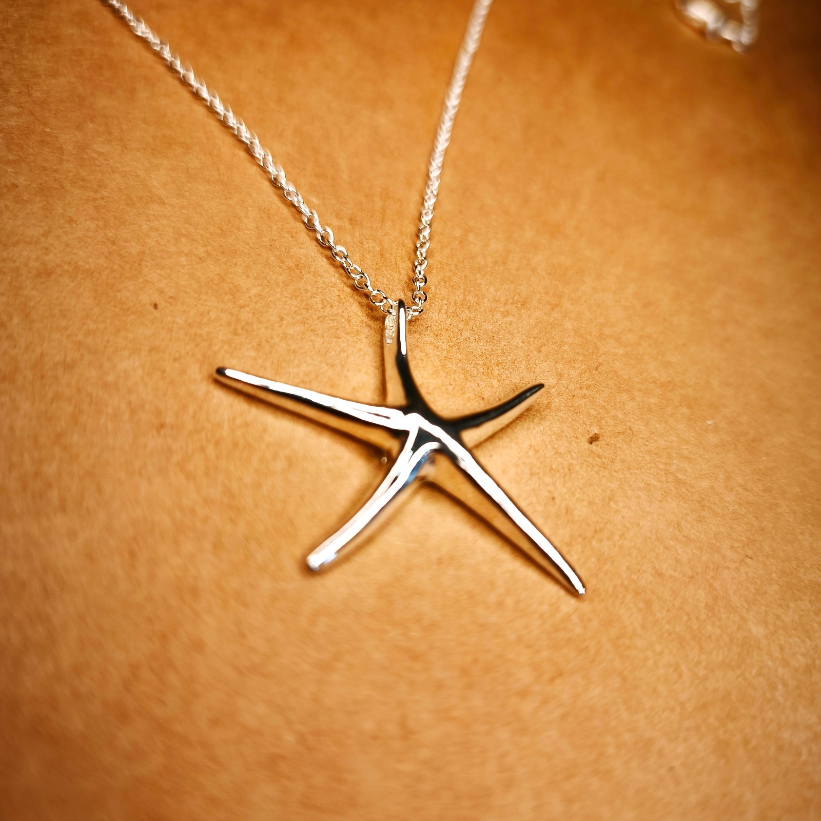 925 Sterling Silver Starfish Charm Pendant Snake Chain Necklace, Spring Clasp