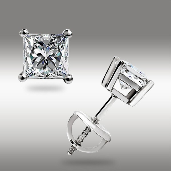 1.0 Ct Princess Cut GRA MOISSANITE Stud Earrings 14K White Gold Screw back Gift