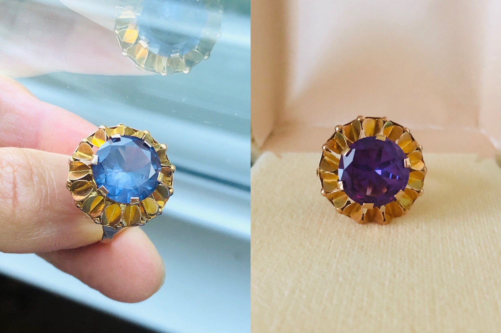 Stunning 14K Y Gold Lab Created Alexandrite Color Changing Ring Sz7.25 4.3g