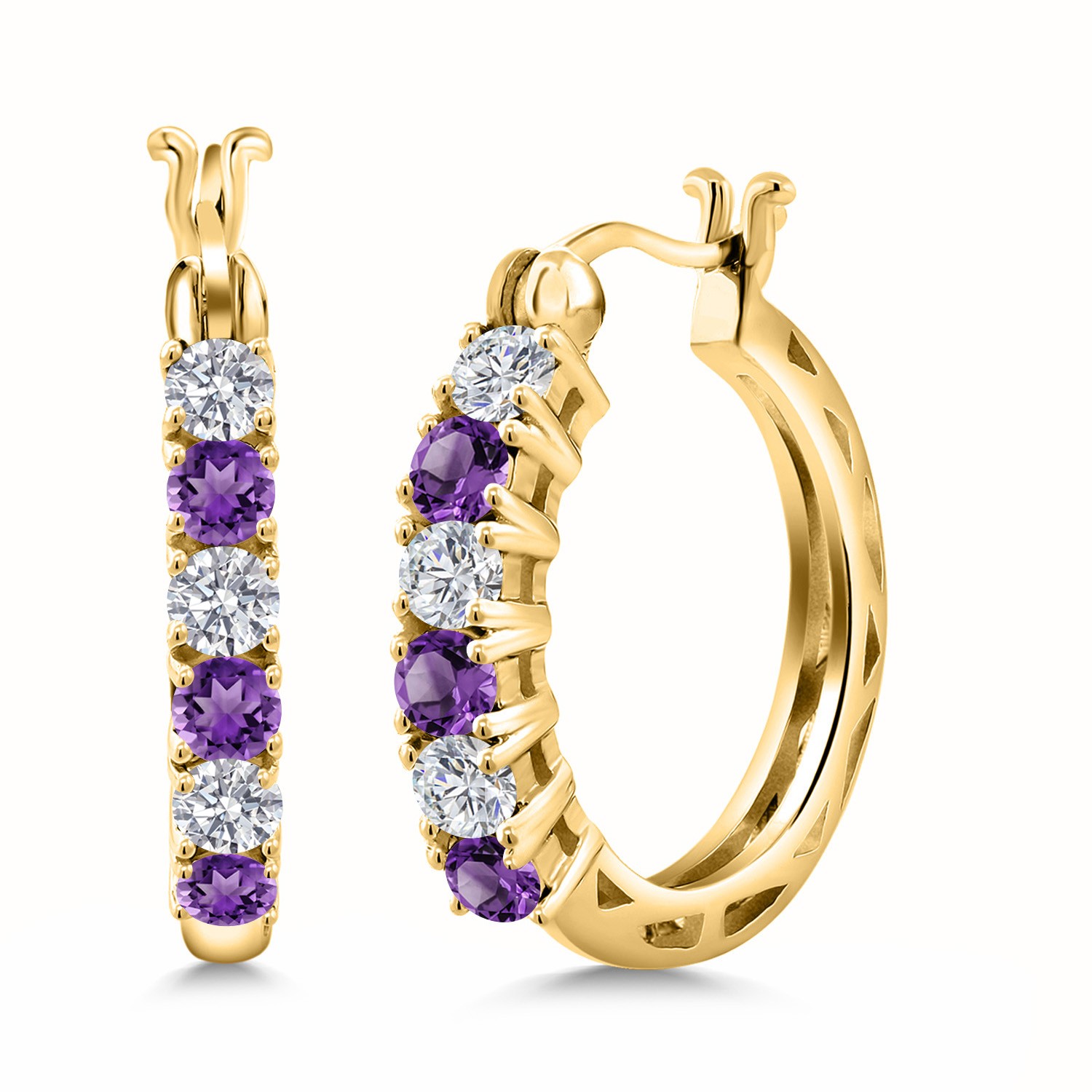 18K Yellow Gold Plated Silver Lab Grown Diamond and Amethyst Hoop Earrings for