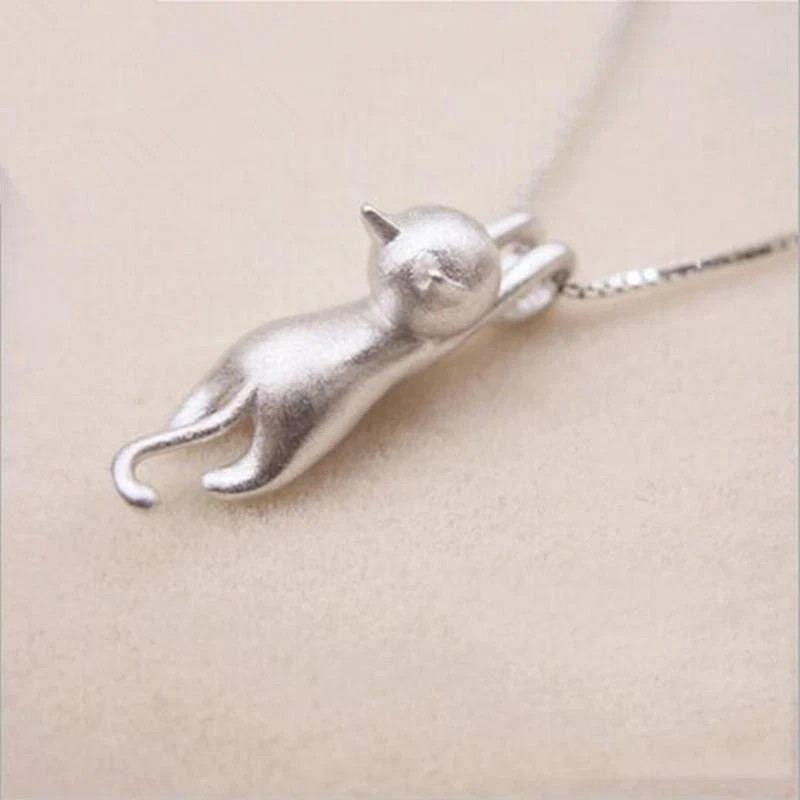 925 Sterling Silver Cute Kitty Cat Pendant Necklace Korean Fashion Jewelry