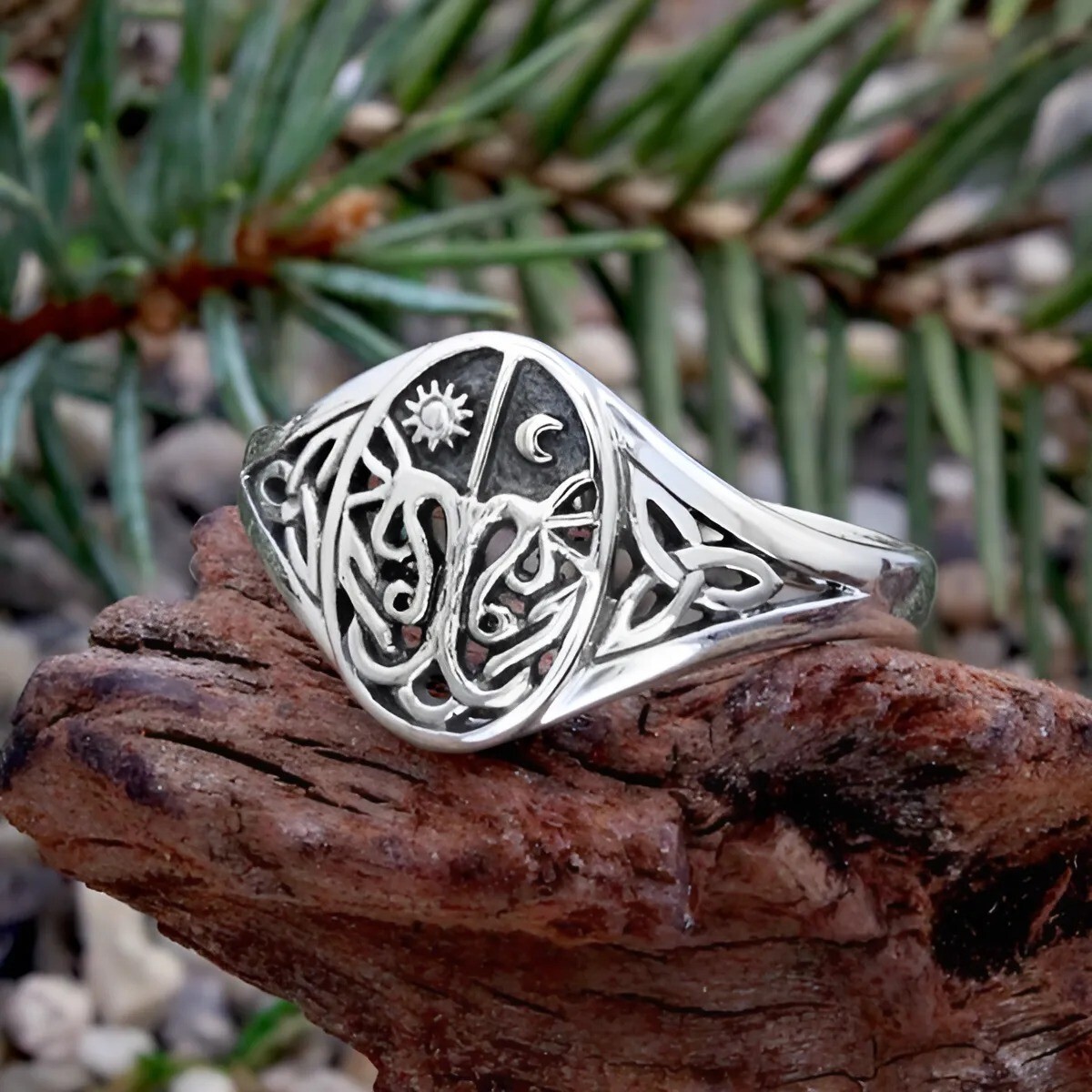 Sterling Silver Tree of Life Ring with Sun and Moon Celtic Jewelry Sizes 4-15