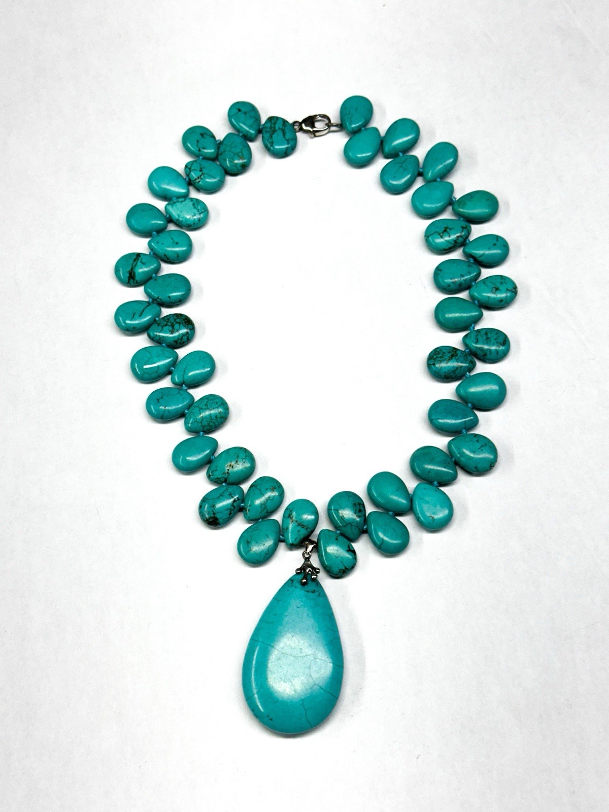 STERLING SILVER TURQUOISE HOWLITE TEARDROP STATEMENT NECKLACE 18 INCHES