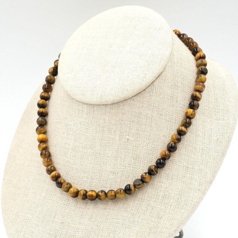 Natural Yellow Tiger’s Eye Smooth Round 6MM Gemstone Bead 18″ Men Women Necklace