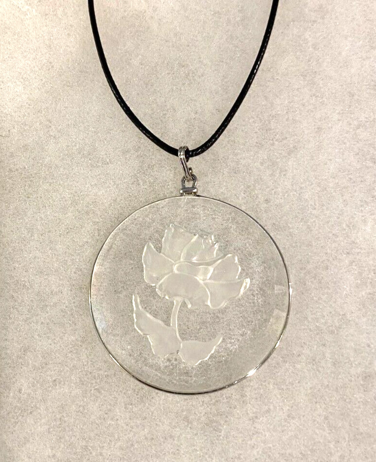 Carved Crystal Rose Pendant by Hallmark (?) on Adjustable Cord – 1 7/8 In. Dia.